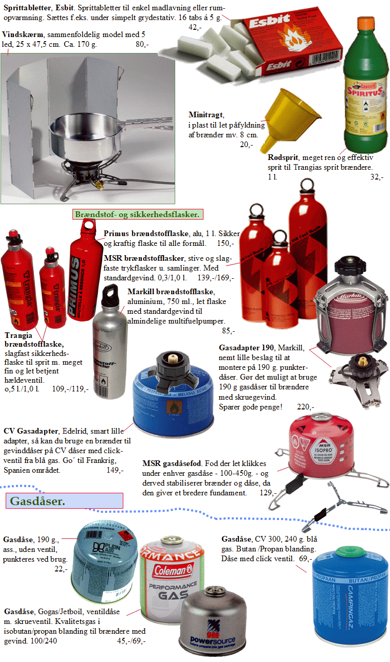 Brændstofflasker, gasadapter og gasdåser