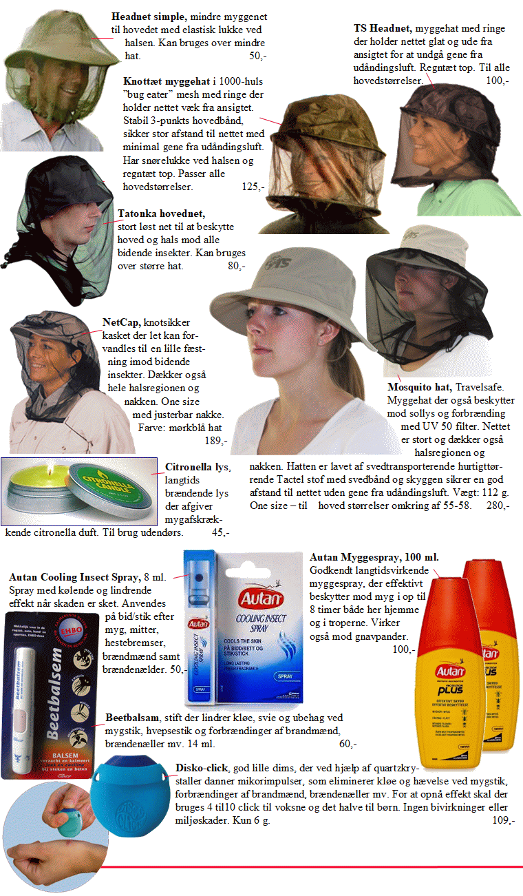 Myggehatte, hovednet og caps
